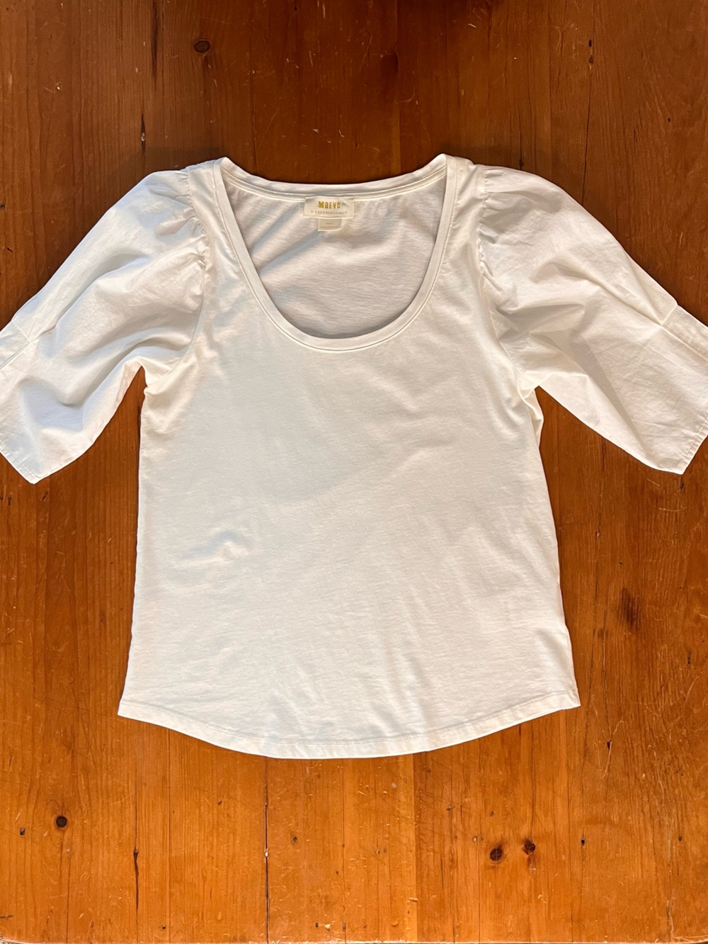 Maeve by Anthropologie White Scoop Neck Poplin Puff Sleeve Knit Tee